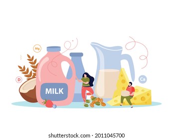 Milk usage flat colored composition with natural organic fresh beverage poured into jug and bottles vector illustration