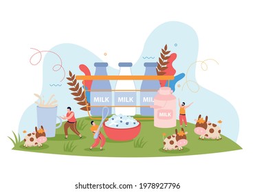 Milk usage flat rural composition with cows grazing in meadow and bottles of milk vector illustration