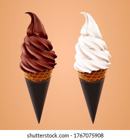 Milk or vanilla and chocolate soft serve ice cream cone in 3d illustration