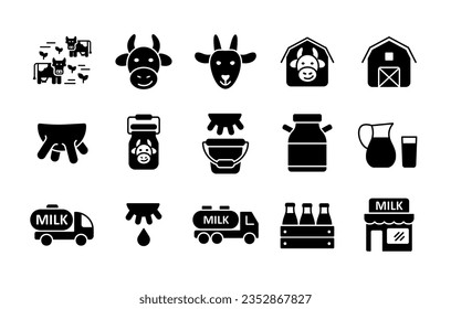 Milk vector glyph icons set. Dairy products sign. Graph symbol for cooking web site and apps design, logo, app, UI