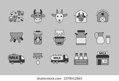 Milk vector grayscale icons set. Dairy products sign. Graph symbol for cooking web site and apps design, logo, app, UI