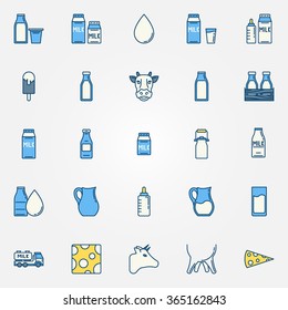 Milk vector icons - colorful symbols of milk package, cow, cheese