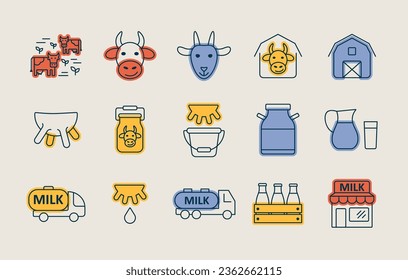Juego de iconos de vector de leche. Señal de productos lácteos. Símbolo gráfico para cocinar diseño de sitio web y aplicaciones, logotipo, aplicación, interfaz de usuario