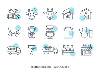 Milchvektorsymbole gesetzt. Unterschrift für Milcherzeugnisse. Graph-Symbol für das Kochen von Webseiten und Apps-Design, Logo, App, Benutzeroberfläche