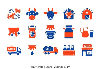 Milchvektorsymbole gesetzt. Unterschrift für Milcherzeugnisse. Graph-Symbol für das Kochen von Webseiten und Apps-Design, Logo, App, Benutzeroberfläche