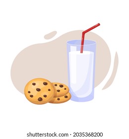 Сookie with milk vector illustration. Cookies with chocolate chips and a glass of milk. Vector illustration of chocolate chip cookie with milk on isolated background. Stock vector illustration
