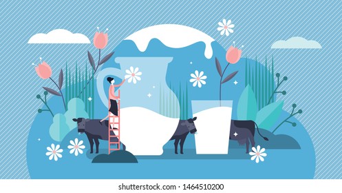 Milk vector illustration. Flat tiny fresh cow beverage drink persons concept. Delicious and healthy dairy product for calcium and protein nutrition. Farming business with organic animal lactose liquid