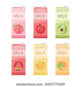 Milk vector illustration. Strawberry, apple, avocado, watermelon, banana and melon flavors.