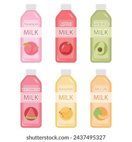 Milk vector illustration. Strawberry, apple, avocado, watermelon, banana and melon flavors.