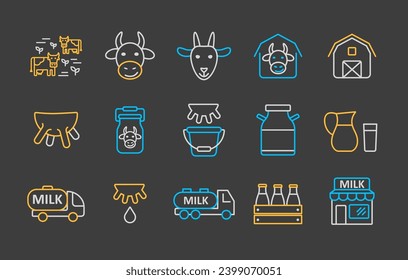 Milk vector on dark background icons set. Dairy products sign. Graph symbol for cooking web site and apps design, logo, app, UI