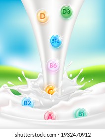 Milk With Vitamin. Vitamins And Minerals Are Important Nutrients In Milk. Drinking Milk Is Beneficial For The Body. Vector EPS10 Illustration