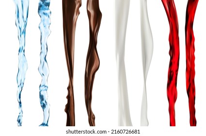 Milk, water, chocolate, juice and wine flow streams. Realistic 3d vector transparent, brown, red and white liquid pour jets. Isolated spouts motion, dynamic flow for beverage and drink package