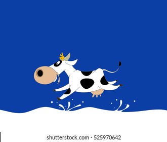 Milk wave with fun running cow. Illustration can be use as packaging for milk foods. Vector