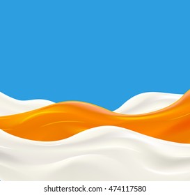 Milchwelle mit orangefarbenem Marmelade oder Marmelade auf blauem Hintergrund. Frische, leckere Jogurt-Splash-Vektorillustration