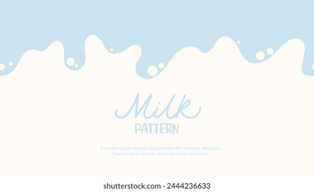 Milk wave pattern. Seamless fresh milk background in cartoon style. Minimalist style vector illustration with pouring milk on sky blue background.