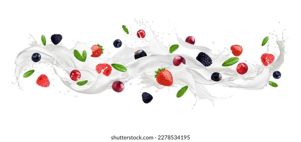 Milk wave splash with berries and fruits. Vector 3d milk swirl or cream flow with realistic fresh strawberries, blackberries and raspberries, with drops, splashes and green leaves, dairy food or drink