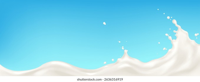 Milk wave splash on blue background - creamy liquid swirl with drops and bubbles. Abstract dairy product banner for fresh drink ad or package design. Smooth flowing shape, healthy natural beverage.