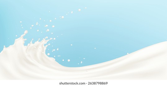 Milk wave splash on blue background - creamy liquid swirl with drops and bubbles. Abstract dairy product banner for fresh drink ad or package design. Smooth flowing shape, healthy natural beverage.