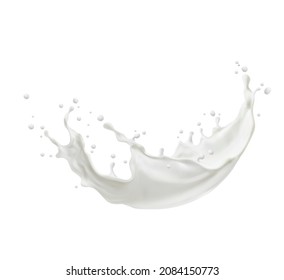 Milk wave swirl splash and splatters. Cream or yogurt wave, milk cocktail or foam splash with drops, 3d realistic vector white dairy product swirl with falling droplets and bumbles