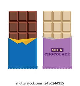 Milk and white chocolate bars unsealed. Isolated vector illustration. Slightly opened package. Chocolate piece