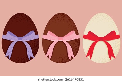 Milk, white and dark chocolate easter eggs with bow isolated on a peach background. Vector illustration.	