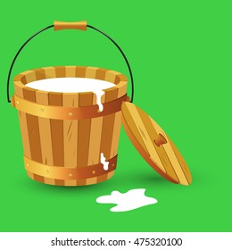 Milk in wooden bucket. Vector illustration.
