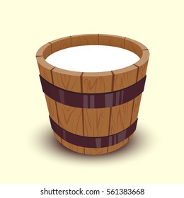 Milk in wooden bucket.Cartoon vector illustration with dairy
