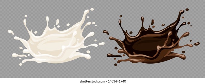 Milk yoghurt and chocolate food splashes. Spray and drops of simple of sweet liquids Isolated on transparent grid background. Eps10 vector illustration.