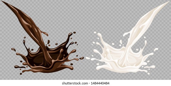 Milk yoghurt and chocolate food splashes with flow. Spray and drops of simple of sweet liquids Isolated on transparent grid background. Eps10 vector illustration.