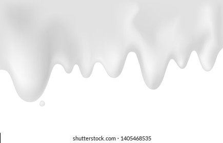Milk, yoghurt, dessert or skin cream isolated on white. Vector 3d realistic fresh fluid white substance. Drops dripping down. Template for packing milk or cosmetic products.