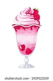 Milk, yoghurt ice cream with raspberries, raspberry jam, in a vase isolated on white. Vector illustration, cartoon, object, icon, emblem, summer refreshing ice cream dessert