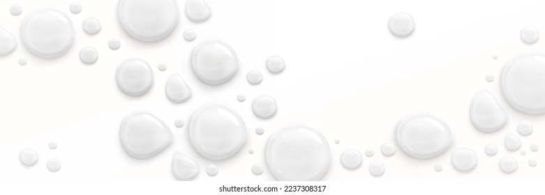 Milk, yogurt or cosmetic cream drops on white background. Banner template with abstract texture of liquid white sauce or dairy product splash, vector realistic illustration