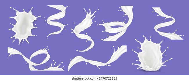 Milk or yogurt or cosmetic cream swirls and splashes realistic vector illustration set. Moisturizing products texture in motion 3d objects on purple background