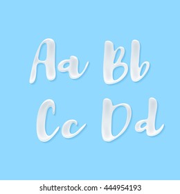 Milk, yogurt or cream abc letters set. White smudges splashes alphabet on blue background vector illustration. Good for poster banner advertising packaging design.