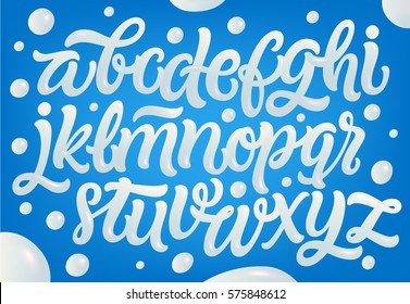 Milk, yogurt or cream alphabet set. White letters on blue background. Dairy design elements. 