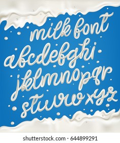 Milk, Yogurt Or Cream Alphabet Set With Border, Splashes And Drops. 