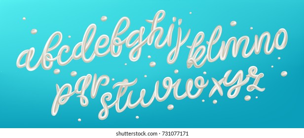 Milk, Yogurt Or Cream Alphabet Set With Border, Splashes And Drops On Blue Background. White Typography Shape. 