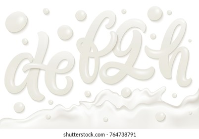 Milk, yogurt or cream alphabet set. White letters isolated on white background. Hand lettering set. Dairy design element. Vector font for packaging design.