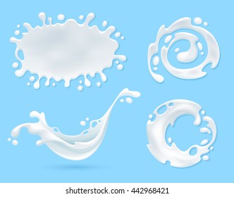 Milk, yogurt or cream blots set. White smudges splashes drops on blue background. Spiral round and abstract curves forms.