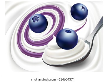 milk yogurt cream with fresh blueberry on spoon