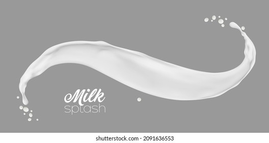 Milk, yogurt or cream isolated white wave splash with drops, vector milky drink splatter swirl. Dairy yogurt pr milk spill flow, realistic 3d background with flowing or pouring yoghurt or milkshake