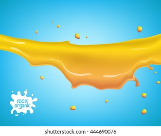 Milk, yogurt, cream or juice splashing. Orange smudges splashes drops on blue background. Vector illustration