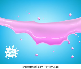 Milk, yogurt, cream or juice splashing. Pink smudges splashes drops on blue background. Vector illustration