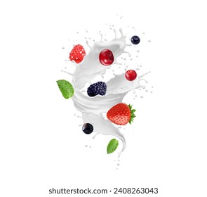 Milk, yogurt or cream tornado vortex splash with wild berries. Realistic drink twist wave. Isolated 3d vector white dairy liquid with raspberry, cherry, strawberry, blueberry or blackberry with leaves