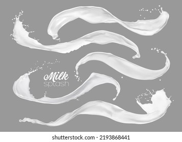 Milk, yogurt or cream white wave splashes, isolated dairy milky flow swirls with splatters. Realistic vector fluids, liquid stream with drops, fresh food, calcium product 3d splashes