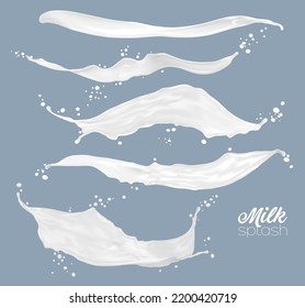 Milk, yogurt or cream white wave splash swirl with splatters, realistic vector. Dairy yogurt drink long splash and swirl backgrounds of white milky pour flow, milkshake spill with drops splatter