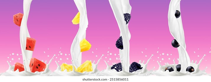 Salpicadura de flujo de yogur de leche con frutas y bayas, grosella negra y piña, mora y sandía, Vector realista. Bayas en el vertido de yogur o derrame de la onda lechosa con gotas de salpicadura para el batido