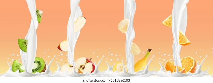 El flujo de yogur de leche salpica con frutas. Kiwi y manzana, plátano y rodajas de naranja cayendo en leche, crema o bebida de yogur. Vector 3D bayas y yogur vertiendo con salpicaduras de corona realista, gotas, olas