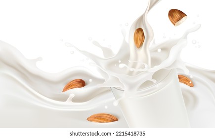 Milk and yogurt liquid splashing of glass isolated on solid color background. Realistic vector in 3D elements. Food and Drink concepts.