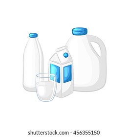 The milk and yogurt. A set of different packages: cardboard box, plastic bottle, canister, glass. Isolated objects on white background. Cartoon icons. Dairy product. Vector illustration.